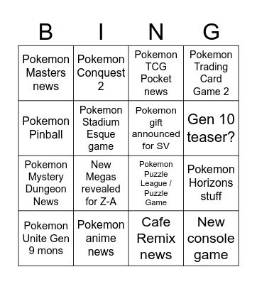 Pokemon Day Direct Bingo Card
