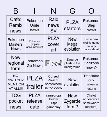 Pokemon Direct 27/2/25 Bingo Card