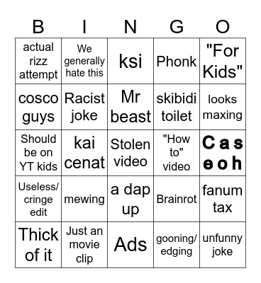Yrizt shorts bingo Card