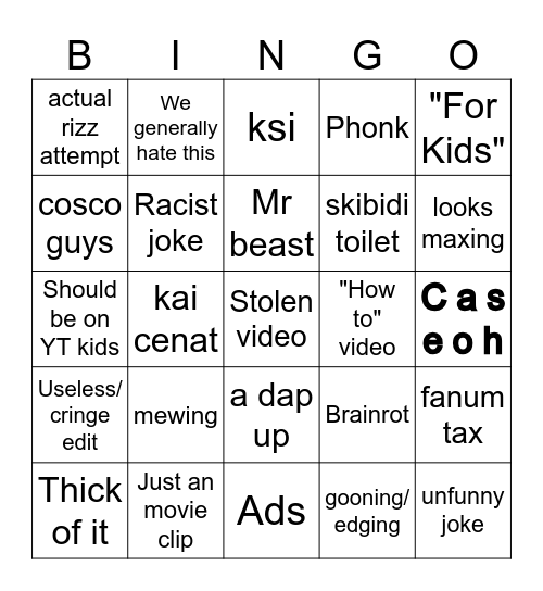 Yrizt shorts bingo Card