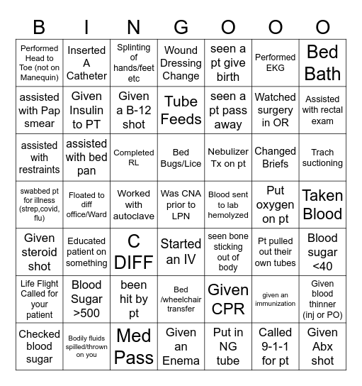 Nursing Bingo Card