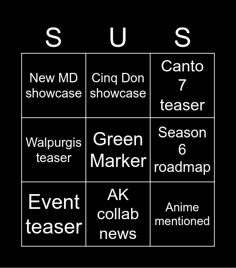 Limbus 2nd anni bingo Card