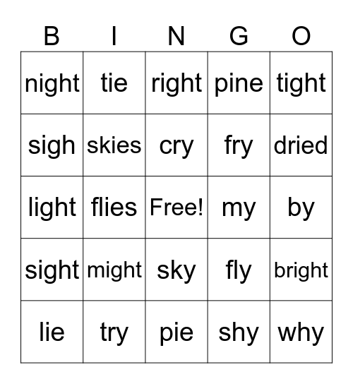 Long I Bingo Card