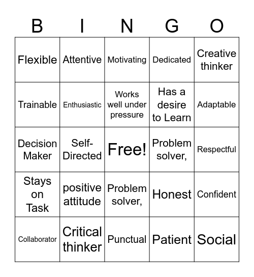 Work Maturity Skills Bingo Card