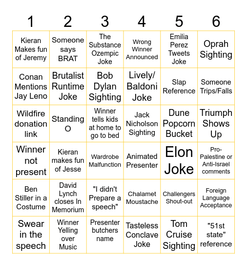 Oscars '25 Draft-O-Rama Bingo Card