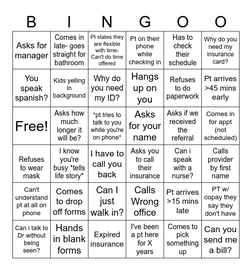 Front Desk Bingo Card