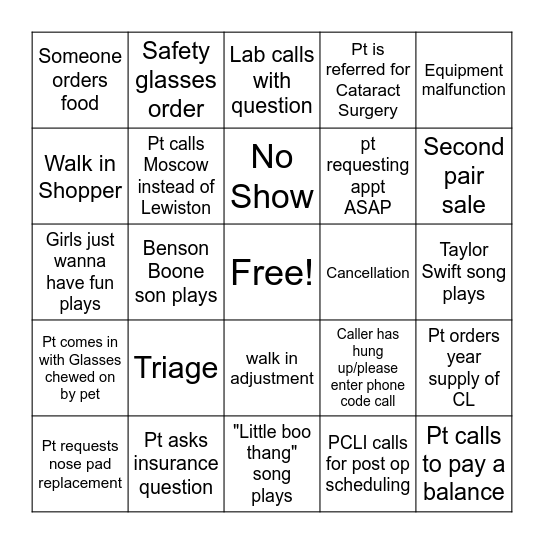 Eyecare Bingo Card