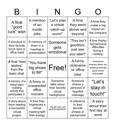 Hayleys Farewell Party Bingo Card