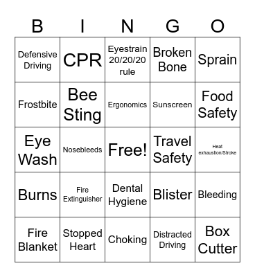 Safety/First Aid Bingo Card