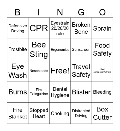 Safety/First Aid Bingo Card