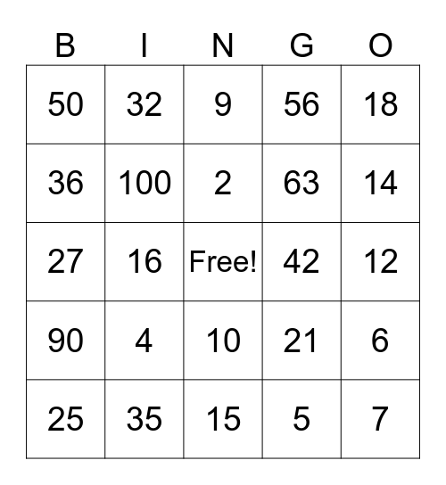 Multiplication Team Bingo Card