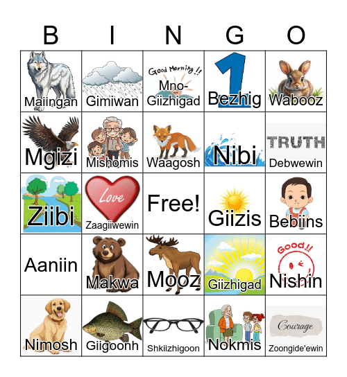 Anishnaabemowin Bingo Card
