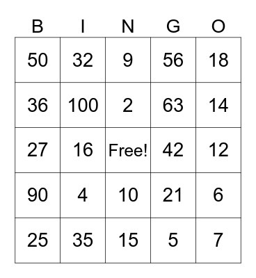 Multiplication Team Bingo Card
