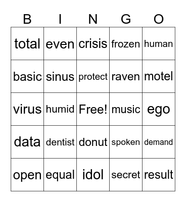 Open and Closed Syllables Bingo Card