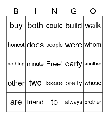 Heart Words Bingo Card