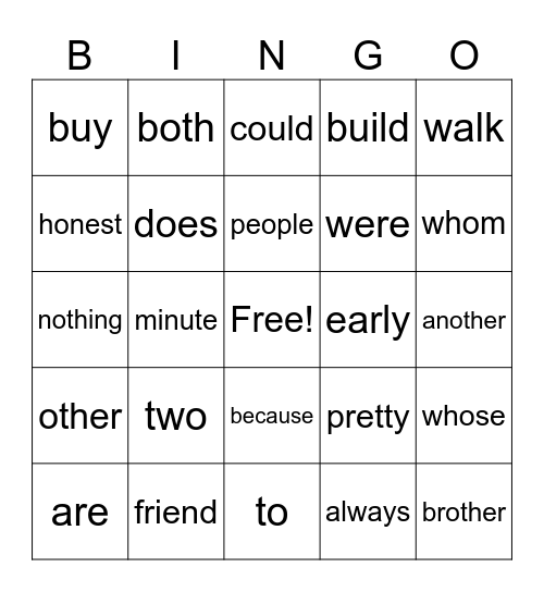 Heart Words Bingo Card
