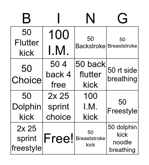 Dolphin Swim Team Bingo Card