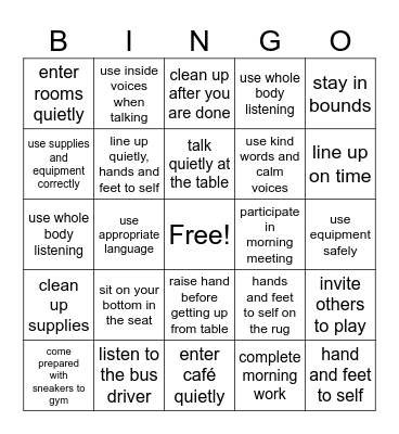 Expected Behavior Bingo Card