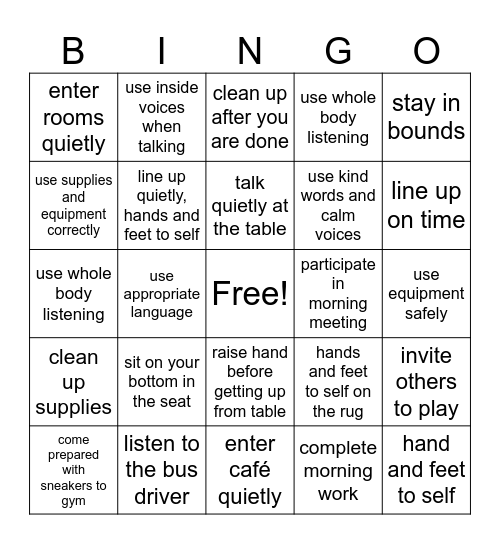 Expected Behavior Bingo Card
