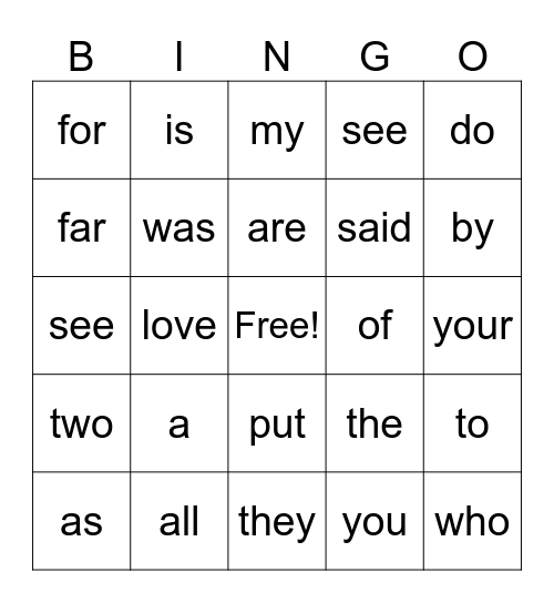 Heart Word Bingo Card