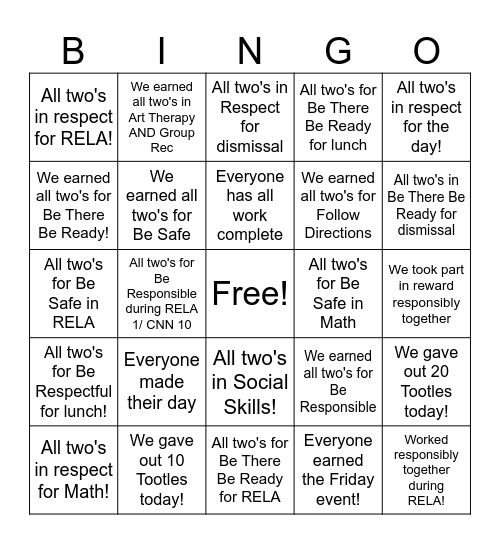 Positive Action BINGO Card
