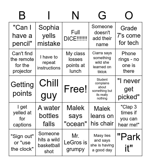 Grade 6 Bingo Card