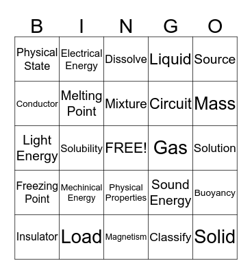 Matter and Energy Bingo Card