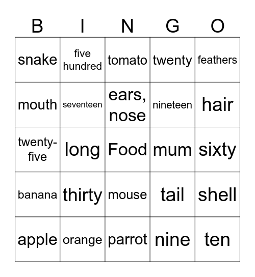 Numbers Bingo Card