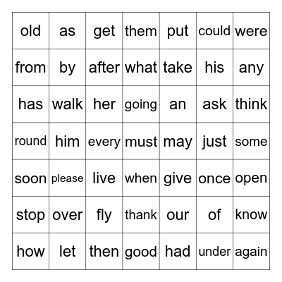 1st Grade Sight Words Bingo Card