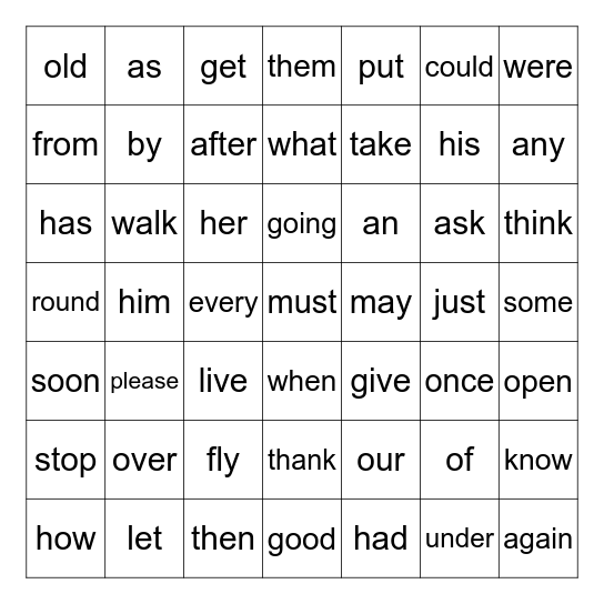 1st Grade Sight Words Bingo Card