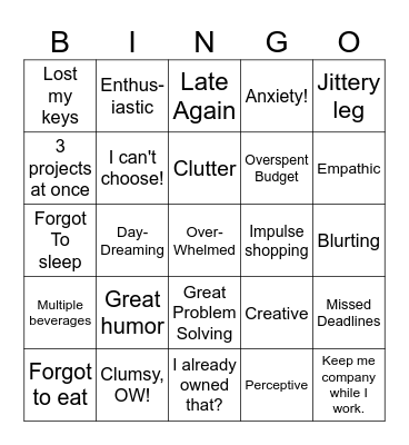 That Was ADHD? Bingo Card