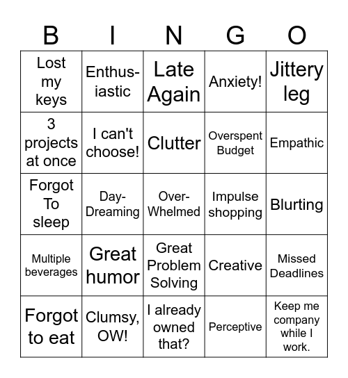 That Was ADHD? Bingo Card