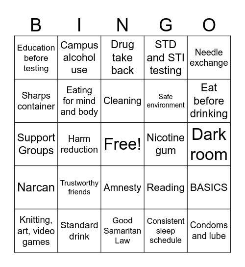 Harm Reduction & Wellness Bingo Card