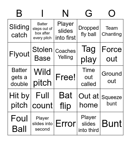 Softball Bingo Card