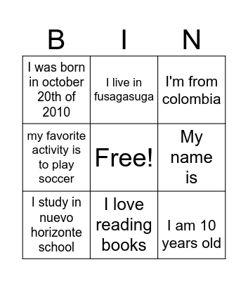 personal information Bingo Card