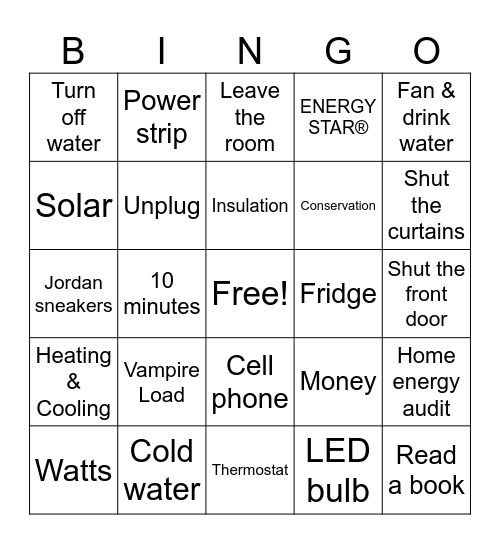 Energy Saving BINGO Card