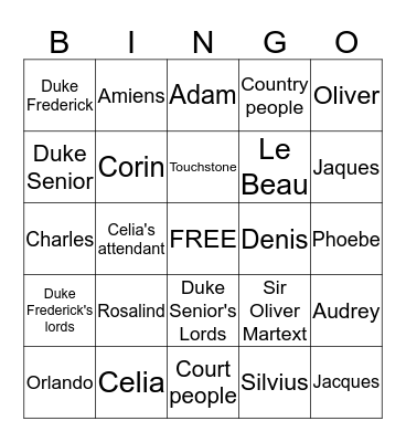 As You Like It Character Bingo Card