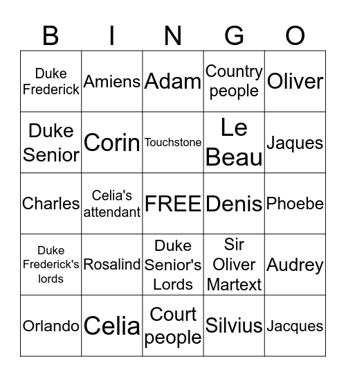 As You Like It Character Bingo Card