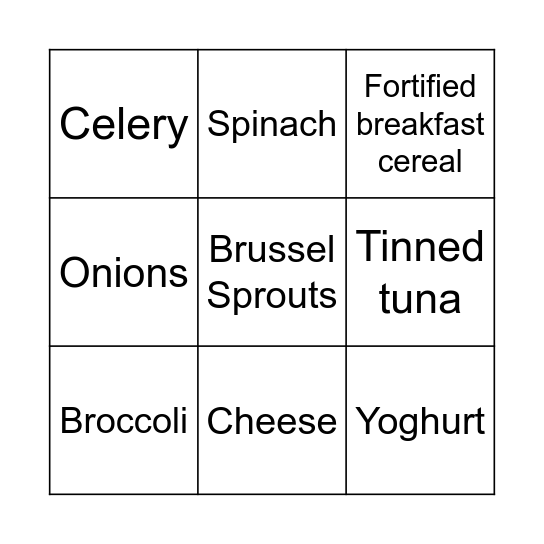 Sources of Calcium Bingo Card