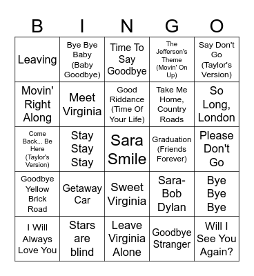 Goodbye (Sarah's Version) Bingo Card