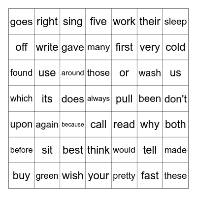 2nd Grade Sight Words Bingo Card