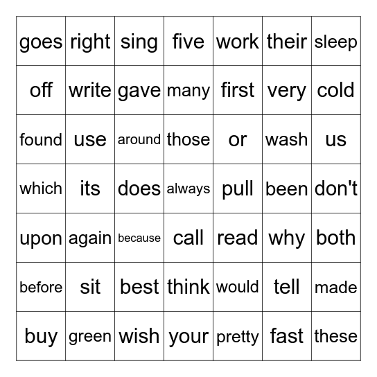 2nd Grade Sight Words Bingo Card