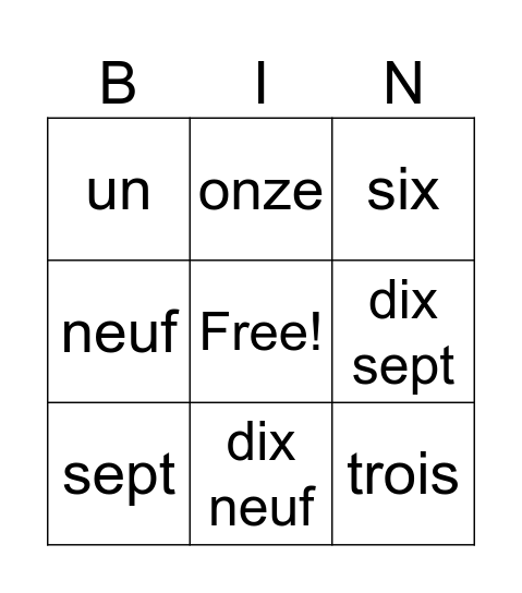 French Numbers 1-29 Bingo Card