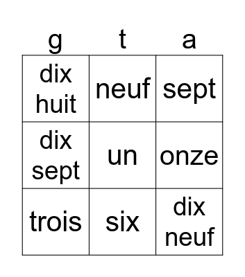 French Numbers 1-29 Bingo Card