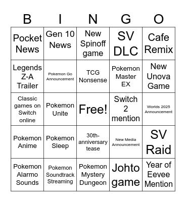 Pokemon Day Bingo Card