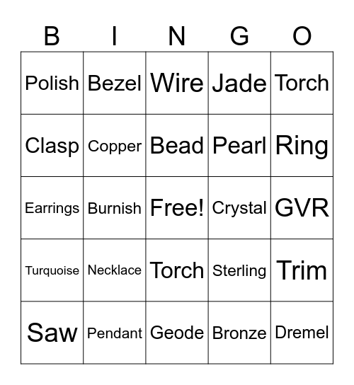 GVR Lapidary Club Bingo Card
