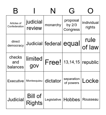 US GOV -- Unit 1 Bingo Card