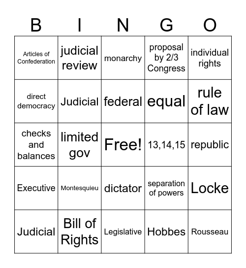 US GOV -- Unit 1 Bingo Card