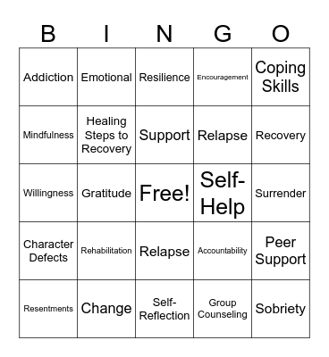 Addiction Recovery Bingo Card