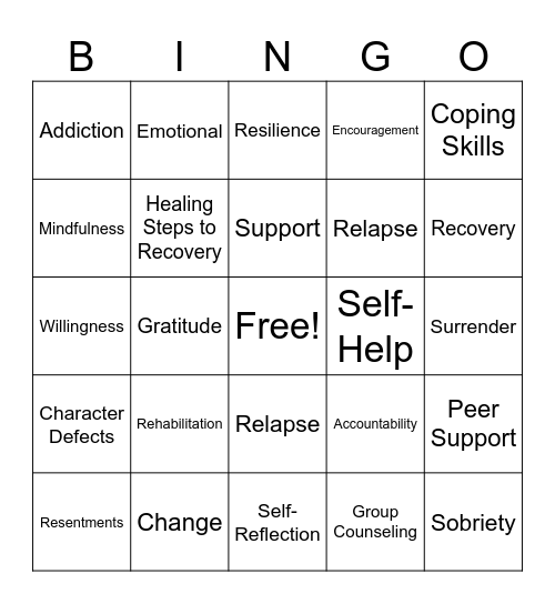 Addiction Recovery Bingo Card